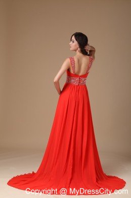 Straps Beaded Ruching Court Train Chiffon Red Prom Evening Dress