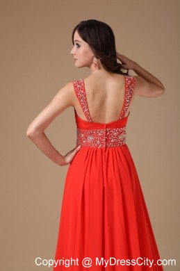 Straps Beaded Ruching Court Train Chiffon Red Prom Evening Dress