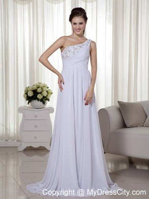 Ruching One Shoulder Embroidery with Beading White Prom Dresses