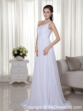Ruching One Shoulder Embroidery with Beading White Prom Dresses