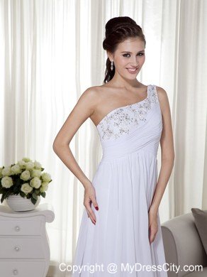 Ruching One Shoulder Embroidery with Beading White Prom Dresses