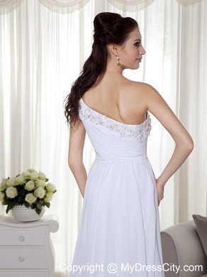 Ruching One Shoulder Embroidery with Beading White Prom Dresses