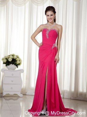 High Slit Sweetheart Beaded Chiffon Ruched Hot Pink Prom Formal Dress