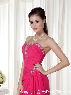 High Slit Sweetheart Beaded Chiffon Ruched Hot Pink Prom Formal Dress