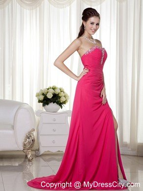 High Slit Sweetheart Beaded Chiffon Ruched Hot Pink Prom Formal Dress