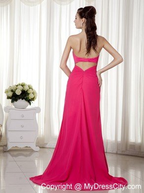 High Slit Sweetheart Beaded Chiffon Ruched Hot Pink Prom Formal Dress