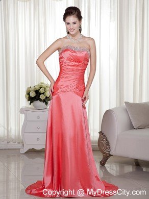 Elegant Beaded Strapless Ruching Brush Train Watermelon Prom Dress