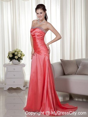 Elegant Beaded Strapless Ruching Brush Train Watermelon Prom Dress