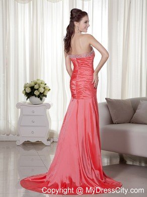 Elegant Beaded Strapless Ruching Brush Train Watermelon Prom Dress