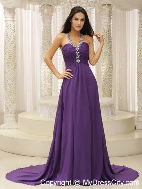 Empire Jeweled Neckline Ruched Purple Prom Dresses with Cool Back
