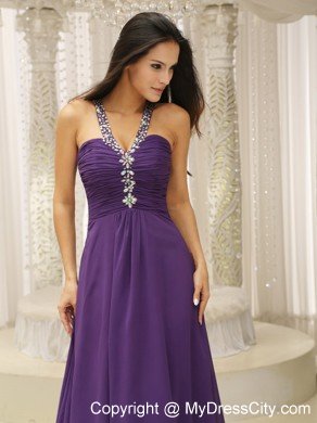 Empire Jeweled Neckline Ruched Purple Prom Dresses with Cool Back