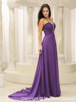 Empire Jeweled Neckline Ruched Purple Prom Dresses with Cool Back
