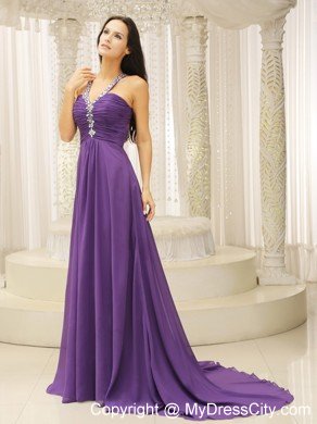 Empire Jeweled Neckline Ruched Purple Prom Dresses with Cool Back