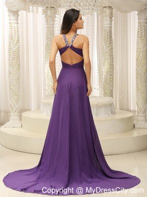 Empire Jeweled Neckline Ruched Purple Prom Dresses with Cool Back