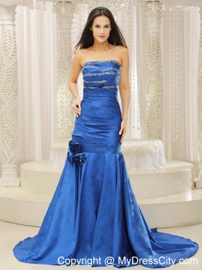 Flowers Mermaid Court Train Beaded Royal Blue 2013 Prom Dresses