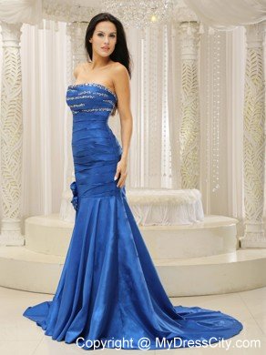 Flowers Mermaid Court Train Beaded Royal Blue 2013 Prom Dresses