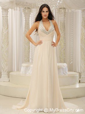 Ruching Halter Top Beaded Brush Train Chiffon Prom Dresses 2013