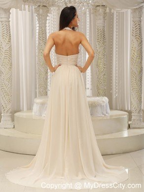Ruching Halter Top Beaded Brush Train Chiffon Prom Dresses 2013