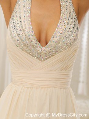 Ruching Halter Top Beaded Brush Train Chiffon Prom Dresses 2013