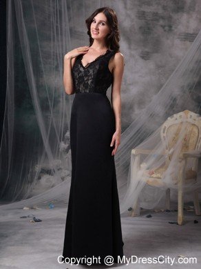Cheap Lace Column V-neck Elegant Black Prom Dresses for Women