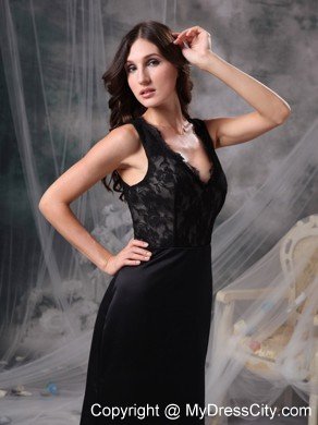 Cheap Lace Column V-neck Elegant Black Prom Dresses for Women
