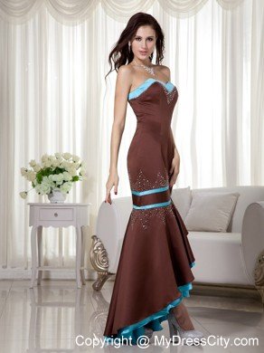 Mermaid Sweetheart Beaded Brown High-low Prom Dress with Blue hem