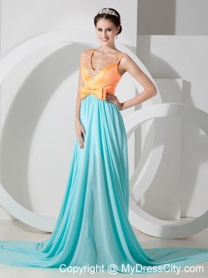 V-neck Beaded Empire Chiffon Prom Dresses in Orange and Apple Green