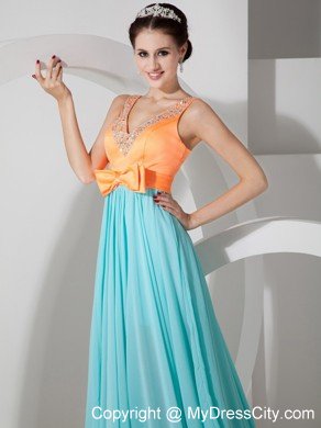 V-neck Beaded Empire Chiffon Prom Dresses in Orange and Apple Green