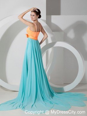 V-neck Beaded Empire Chiffon Prom Dresses in Orange and Apple Green