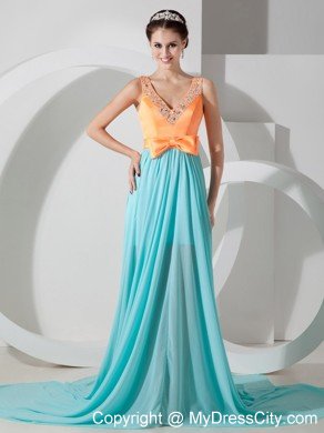 V-neck Beaded Empire Chiffon Prom Dresses in Orange and Apple Green
