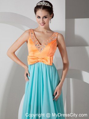 V-neck Beaded Empire Chiffon Prom Dresses in Orange and Apple Green