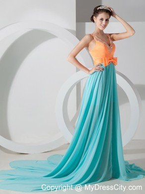 V-neck Beaded Empire Chiffon Prom Dresses in Orange and Apple Green