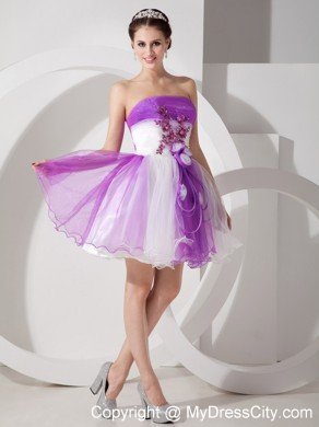 Flowers Appliqued Strapless Organza Lavender and White Prom Dresses