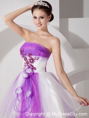 Flowers Appliqued Strapless Organza Lavender and White Prom Dresses