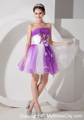Flowers Appliqued Strapless Organza Lavender and White Prom Dresses