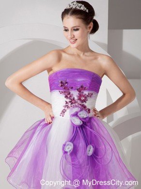 Flowers Appliqued Strapless Organza Lavender and White Prom Dresses
