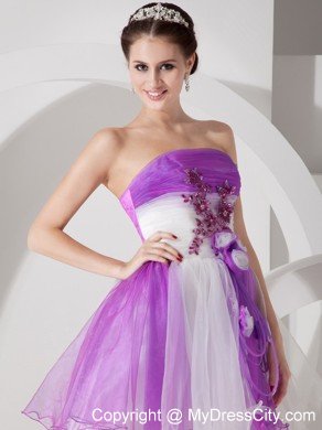 Flowers Appliqued Strapless Organza Lavender and White Prom Dresses