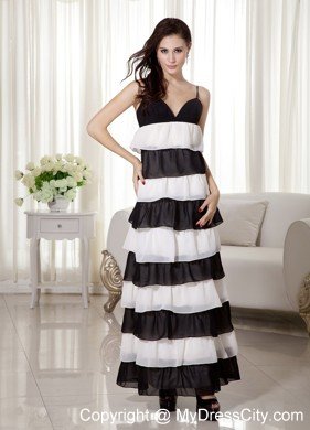 Empire Spaghetti Straps Ankle-length White and Black Prom Dresses