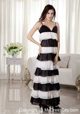Empire Spaghetti Straps Ankle-length White and Black Prom Dresses