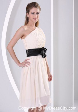 Champagne One Shoulder Prom Dresses With Black Brooch Belt