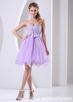 Beaded Sweetheart Lilac Organza Short Prom Dresses with Chiffon Sash