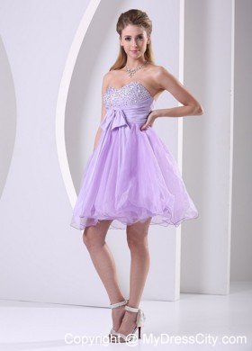 Beaded Sweetheart Lilac Organza Short Prom Dresses with Chiffon Sash