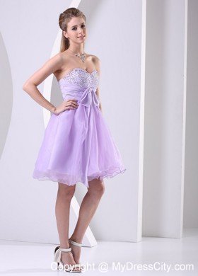 Beaded Sweetheart Lilac Organza Short Prom Dresses with Chiffon Sash