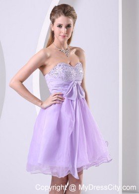 Beaded Sweetheart Lilac Organza Short Prom Dresses with Chiffon Sash