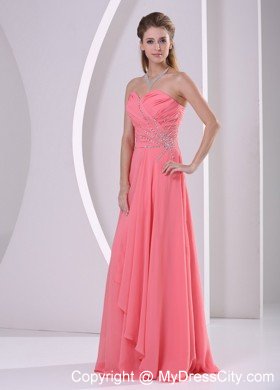 Sweetheart Ruching Beaded Chiffon Watermelon Prom Dresses
