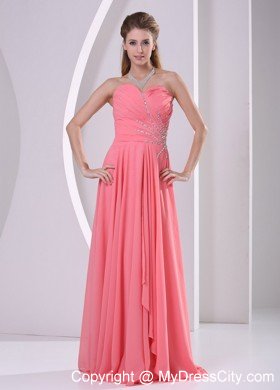 Sweetheart Ruching Beaded Chiffon Watermelon Prom Dresses