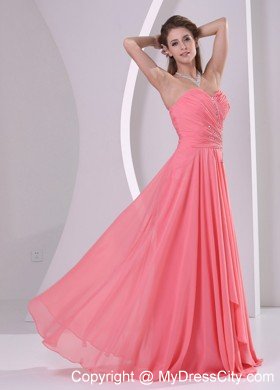 Sweetheart Ruching Beaded Chiffon Watermelon Prom Dresses