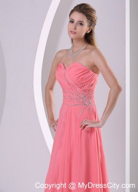 Sweetheart Ruching Beaded Chiffon Watermelon Prom Dresses