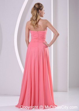 Sweetheart Ruching Beaded Chiffon Watermelon Prom Dresses