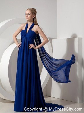 Empire Halter top Watteau Train Navy Blue Chiffon Prom Dresses